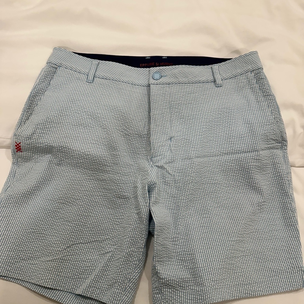 RHONE seersucker Blue Flat Front Shorts. Size 33